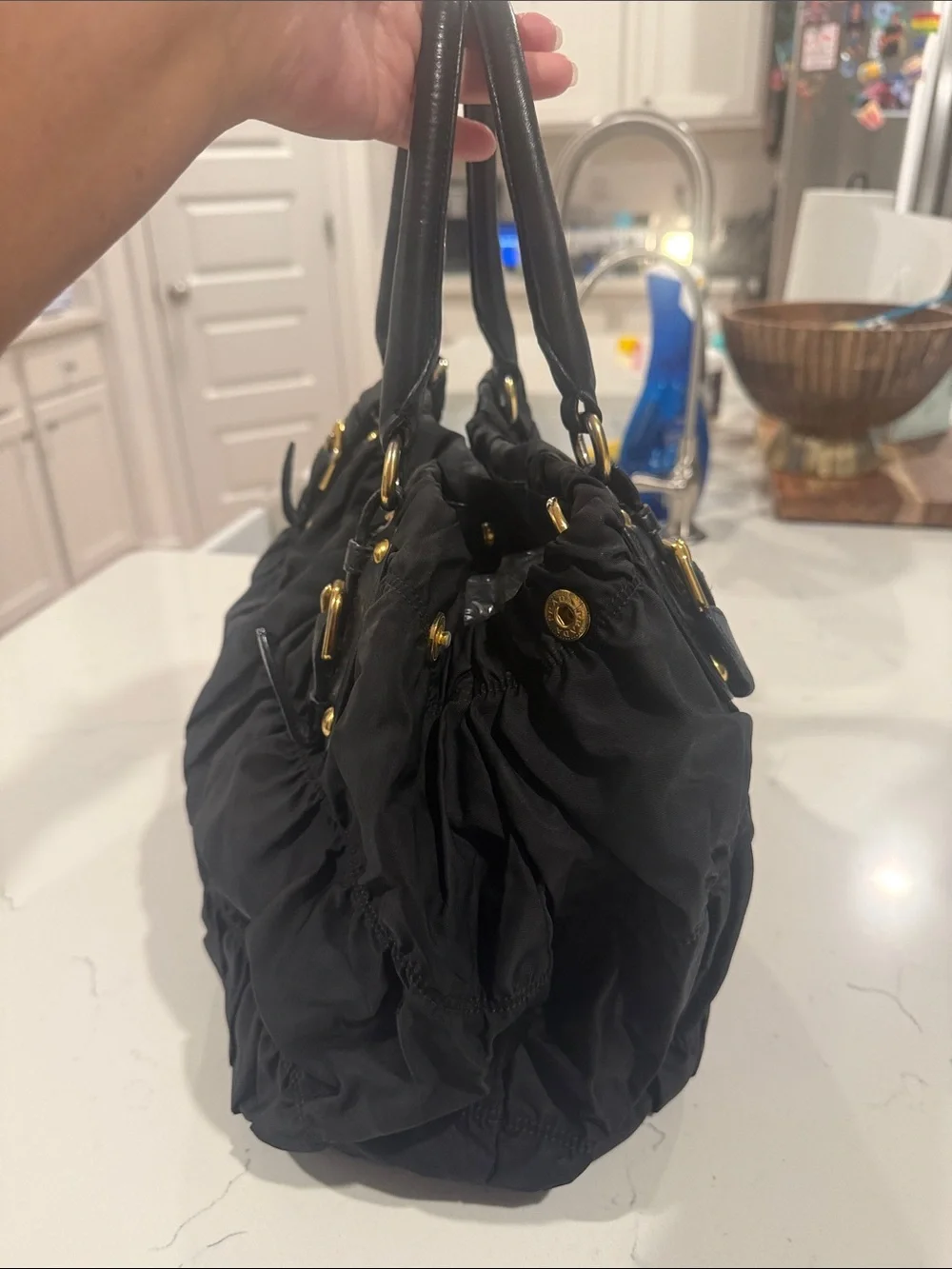 Prada Black Ruched Nylon Shoulder Bag with Gold Hardware